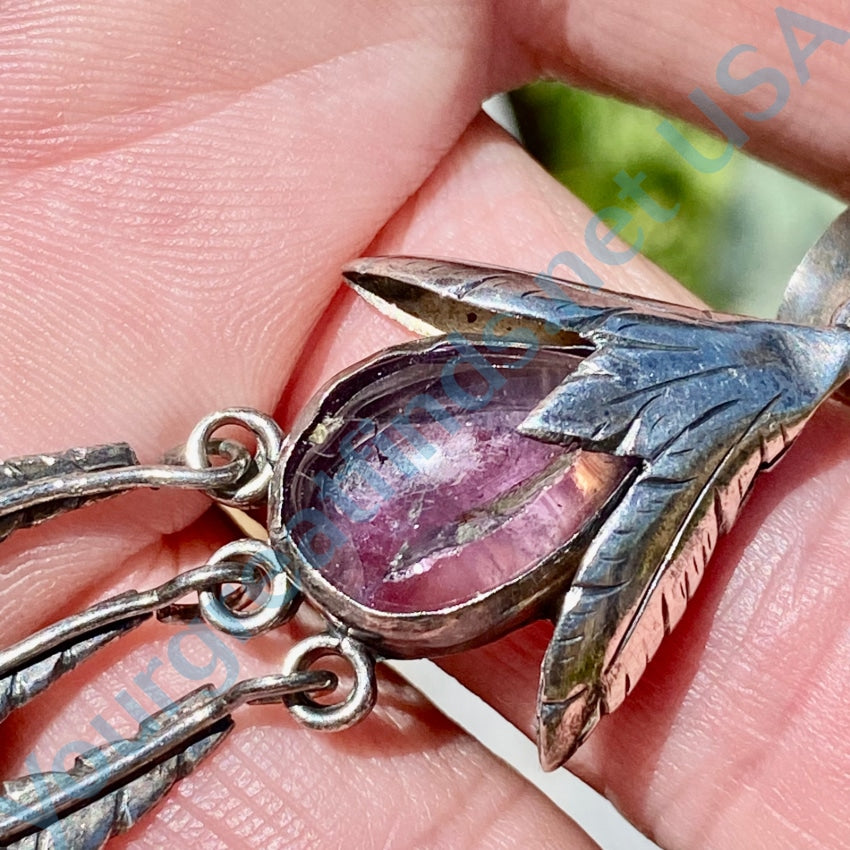 Vintage Mexican Natural Amethyst Three Feather Pendant Sterling Charms &amp; Pendants