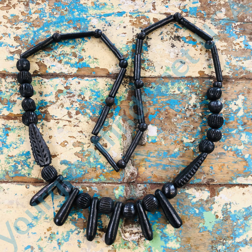 Vintage Mexican Black Glazed Clay Beaded Necklace