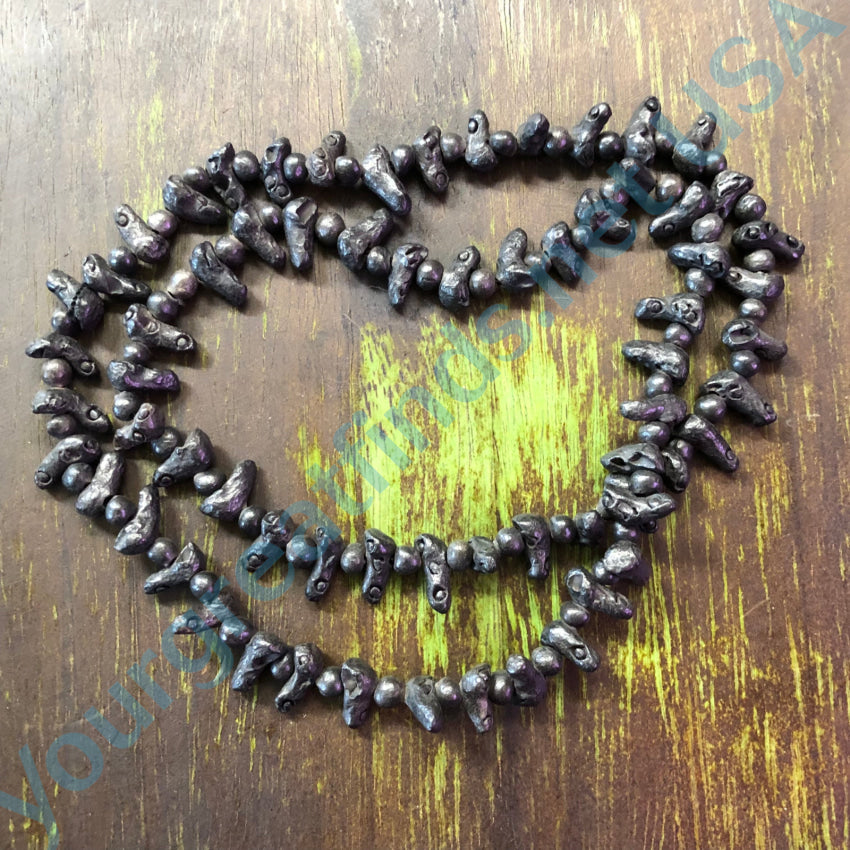 Vintage Mexican Oaxacan Black Glazed Clay Bird Beaded Necklace