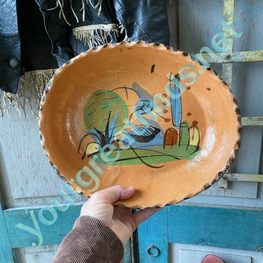 Vintage Mexican Red Clay Dish with Hand Painted Decoration Yourgreatfinds