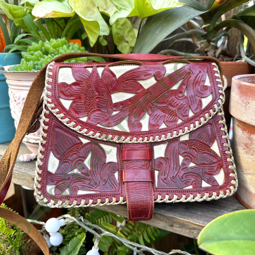Vintage Mexican Red & White Leather Shoulder Bag Purse
