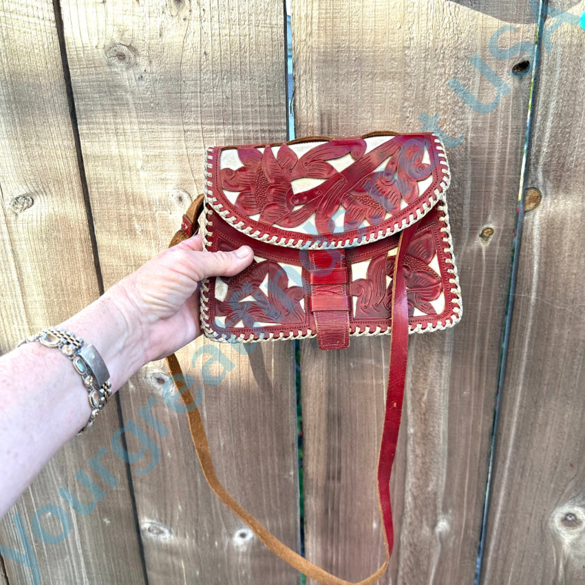 Vintage Mexican Red & White Leather Shoulder Bag Purse