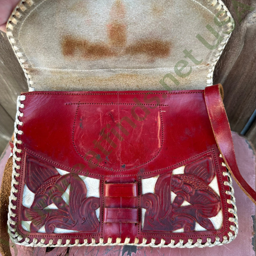 Vintage Mexican Red & White Leather Shoulder Bag Purse