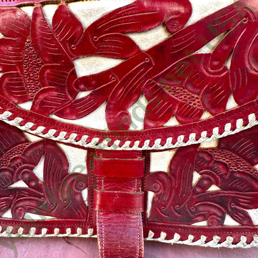 Vintage Mexican Red & White Leather Shoulder Bag Purse