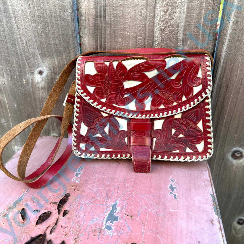 Vintage Mexican Red & White Leather Shoulder Bag Purse