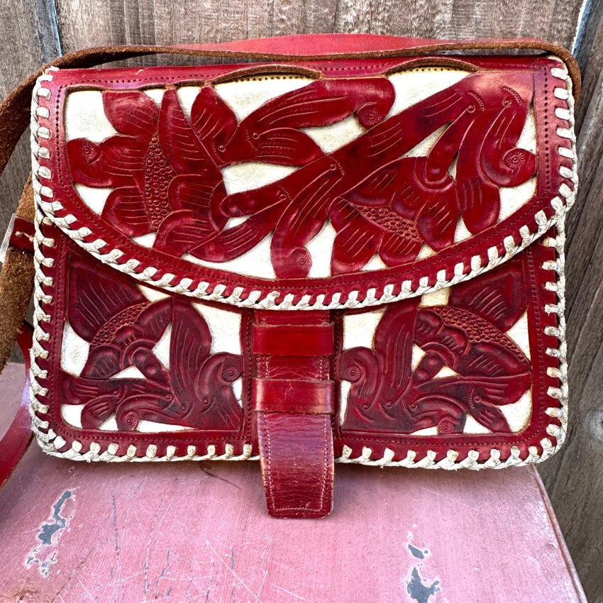Vintage Mexican Red & White Leather Shoulder Bag Purse