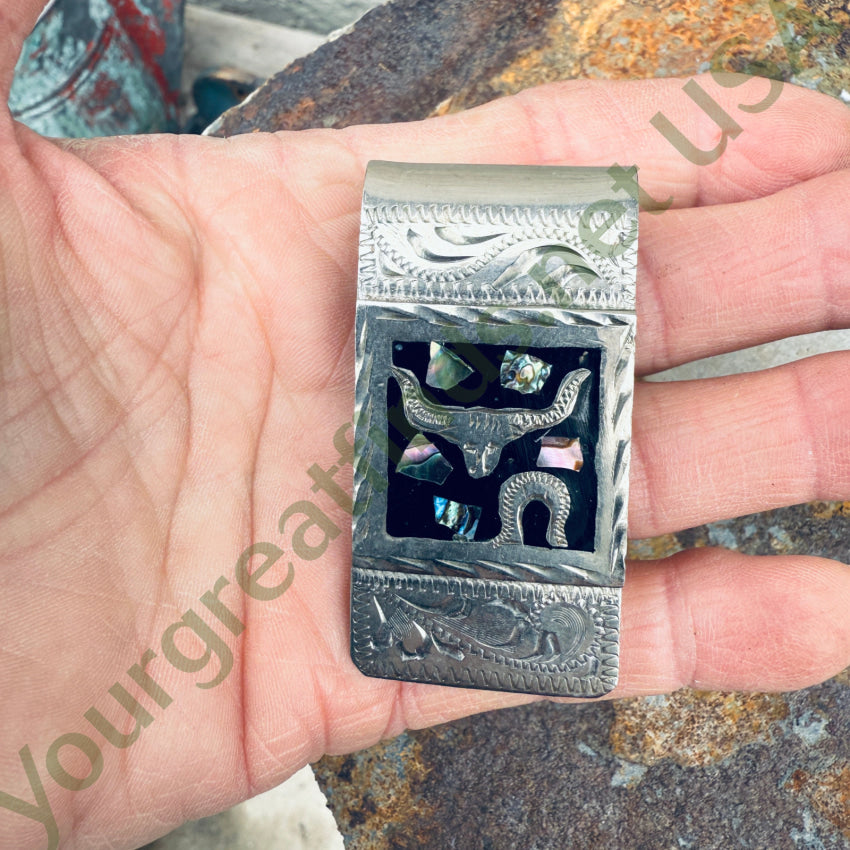 Vintage Mexican Sterling Silver & Alpaca Mosaic Money Clip money clip