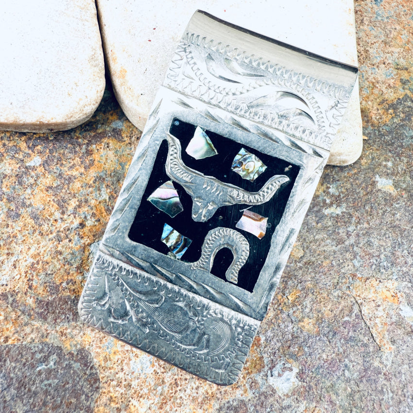 Vintage Mexican Sterling Silver & Alpaca Mosaic Money Clip money clip