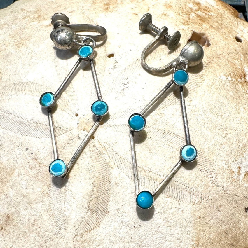 Vintage Mexican Sterling Silver & Alpaca Turquoise Diamond Earrings
