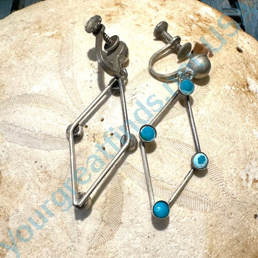 Vintage Mexican Sterling Silver &amp; Alpaca Turquoise Diamond Earrings