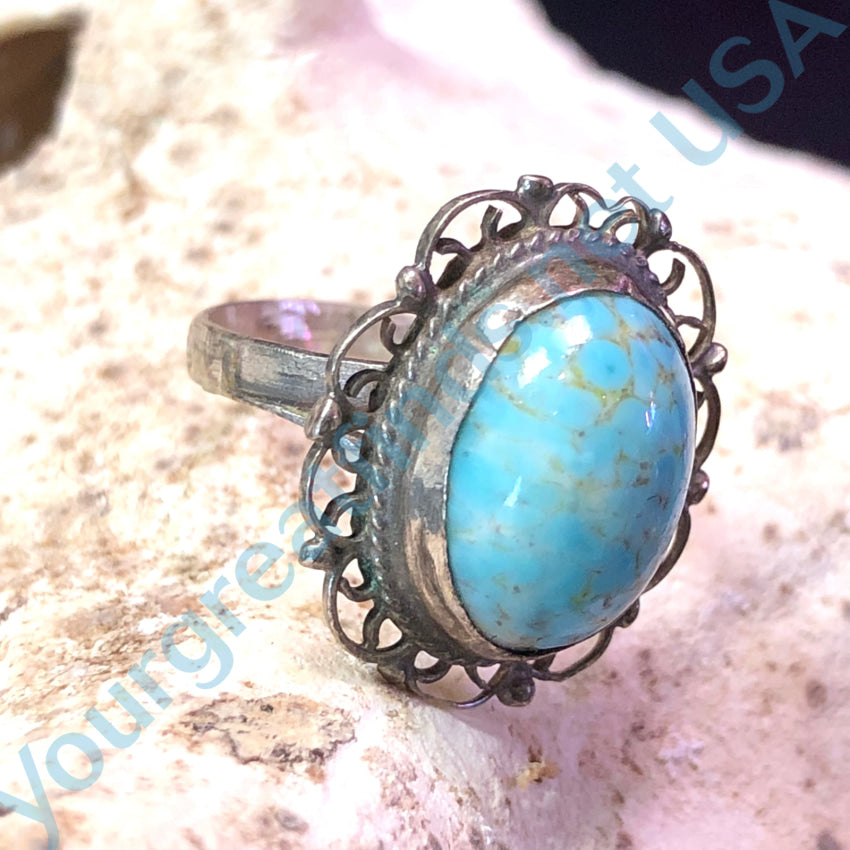 Vintage Mexican Sterling Silver Filigree & Art Glass Ring 7 Ring