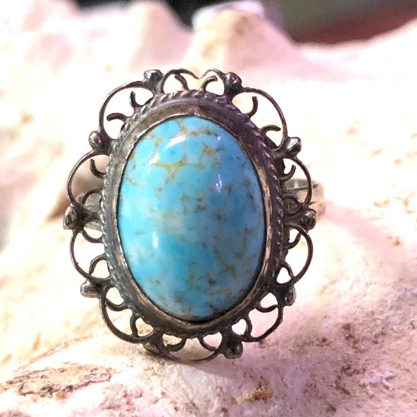 Vintage Mexican Sterling Silver Filigree & Art Glass Ring 7 Ring