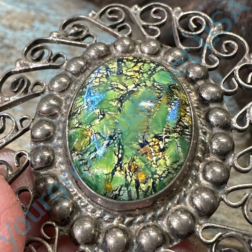 Vintage Mexican Sterling Silver Filigree Harlequin Opal Pendant Pin