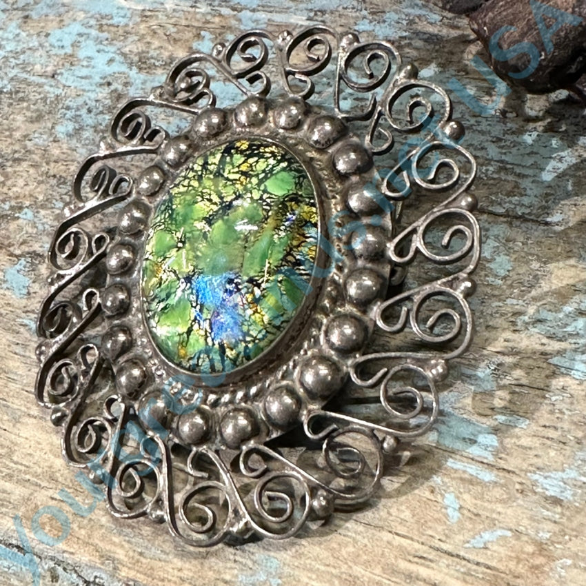 Vintage Mexican Sterling Silver Filigree Harlequin Opal Pendant Pin