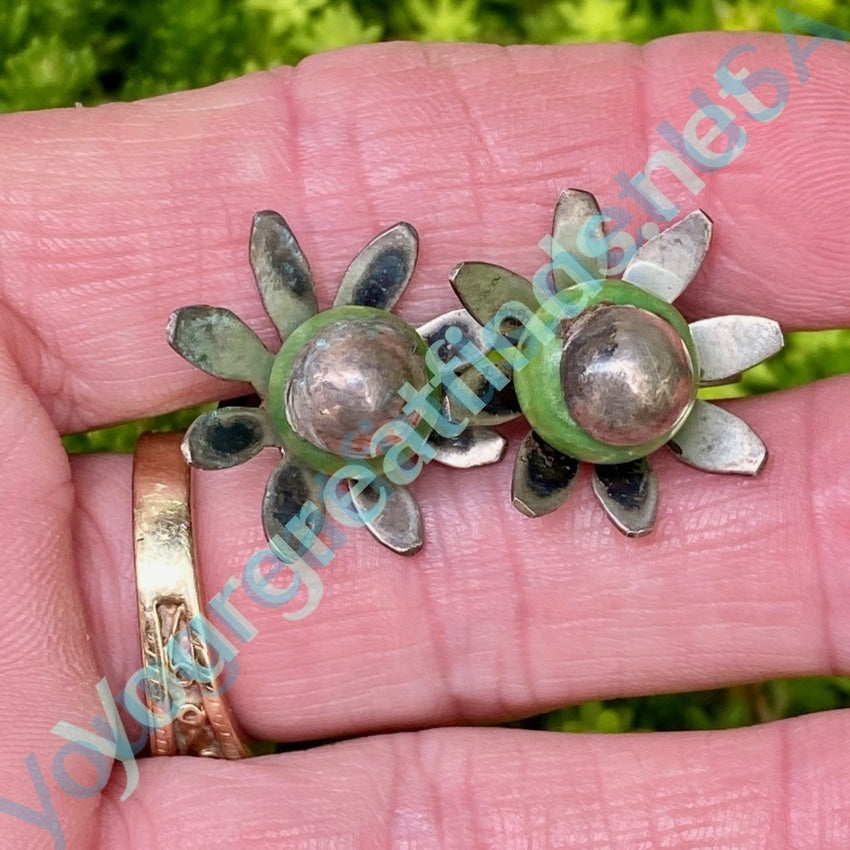 Vintage Mexican Sterling Silver Flower Earrings with Green Calcite Yourgreatfinds