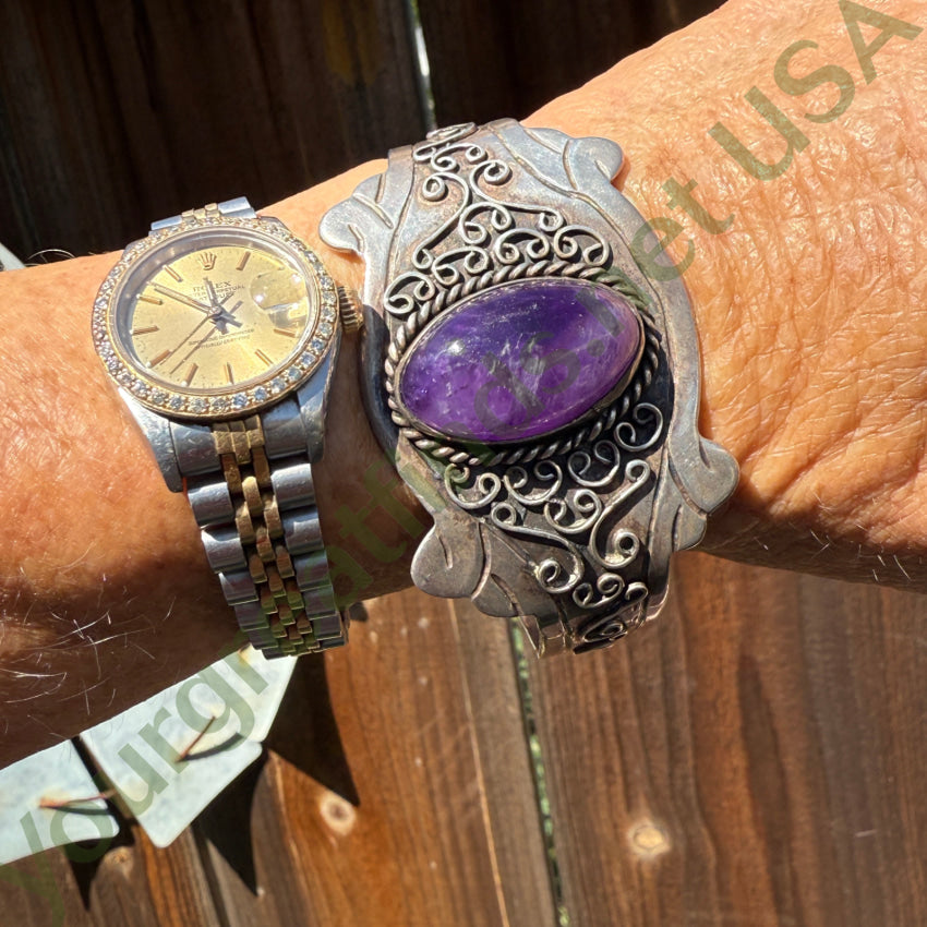 Vintage Mexican Sterling Silver & Grape Amethyst Cuff Bracelet