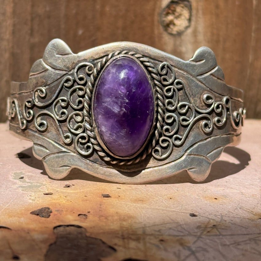 Vintage Mexican Sterling Silver & Grape Amethyst Cuff Bracelet