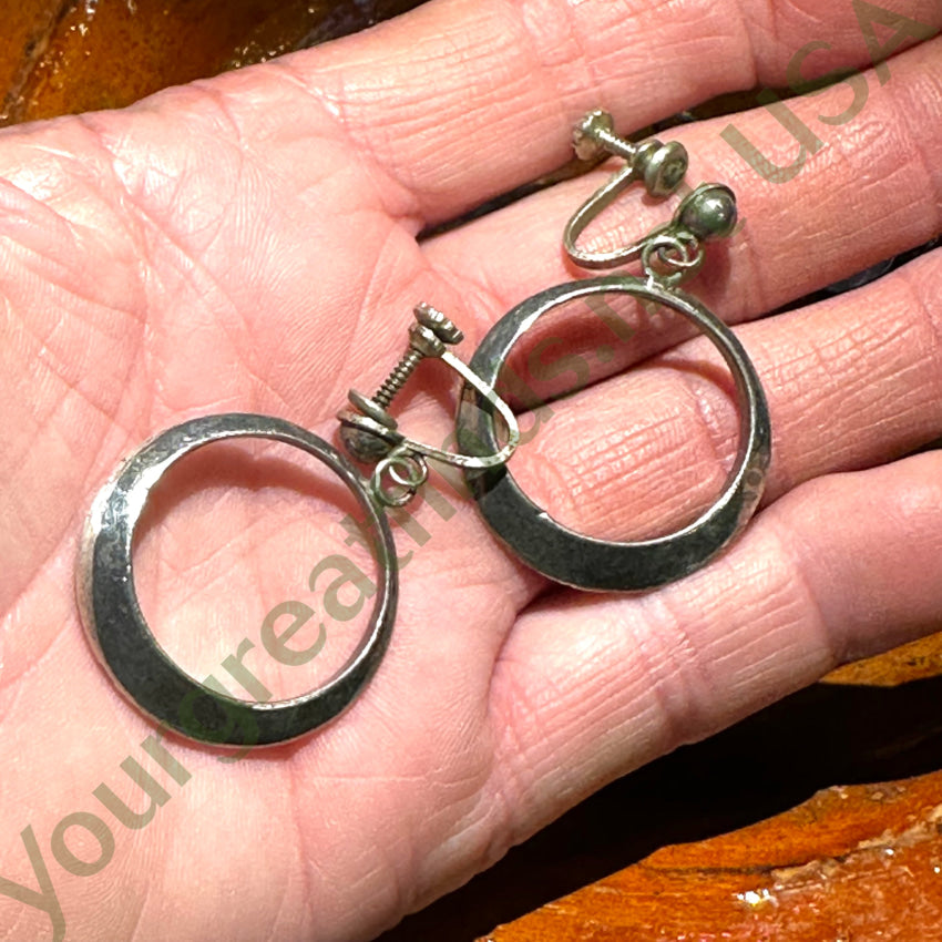 Vintage Mexican Sterling Silver Hoop Earrings Screw Back