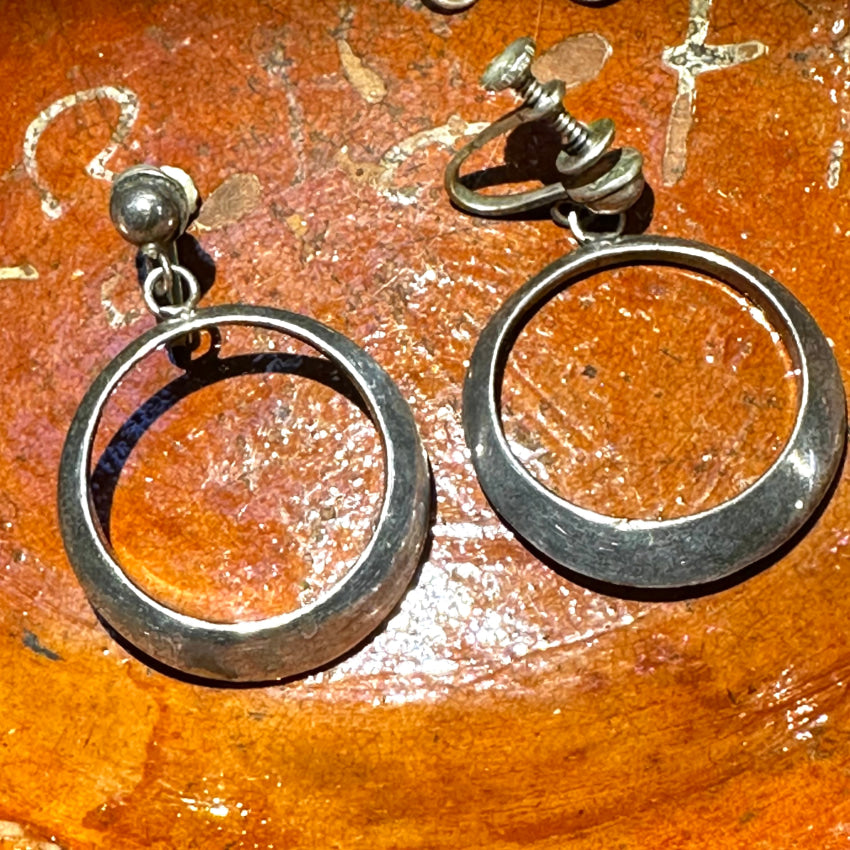 Vintage Mexican Sterling Silver Hoop Earrings Screw Back