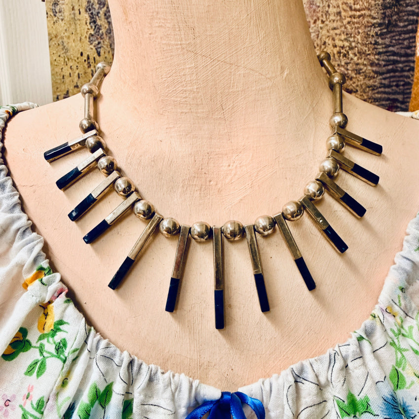 Vintage Mexican Sterling Silver Lapis Stick Necklace Taxco Necklace
