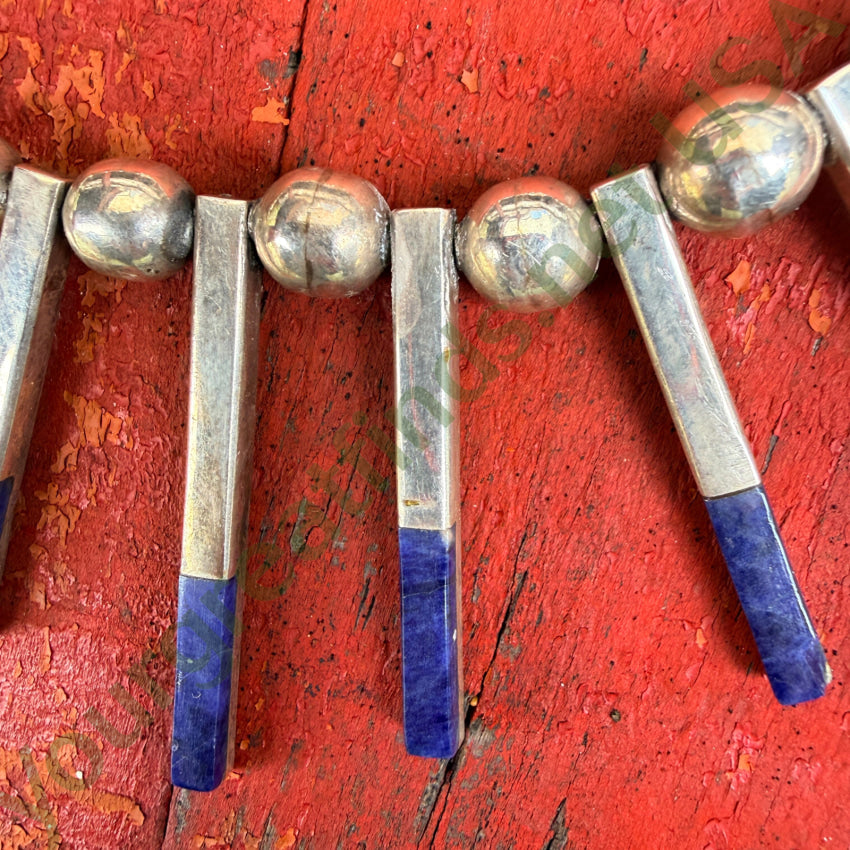 Vintage Mexican Sterling Silver Lapis Stick Necklace Taxco Necklace