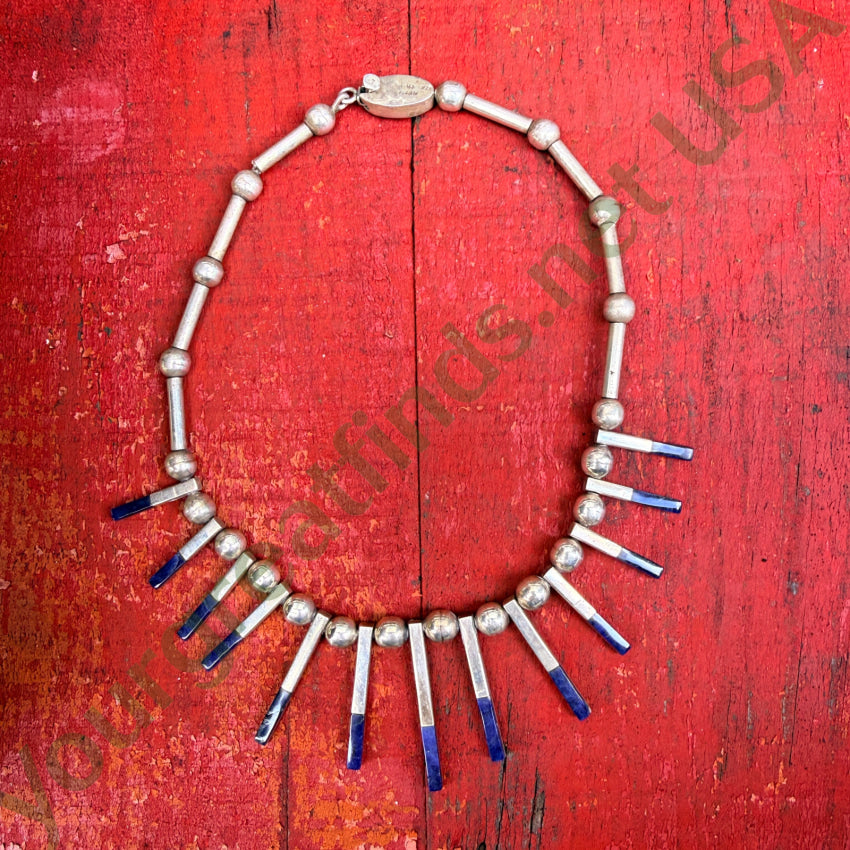 Vintage Mexican Sterling Silver Lapis Stick Necklace Taxco Necklace