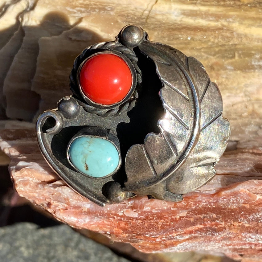 Vintage Mexican Sterling Silver One Feather Ring Turquoise Size 6