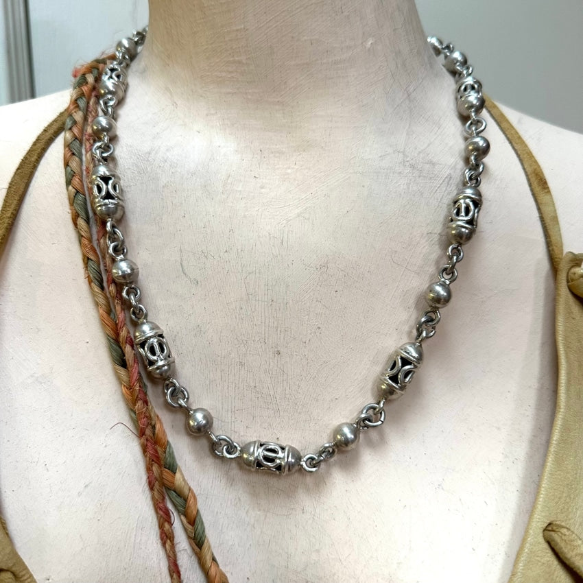 Vintage Mexican Sterling Silver Orb & Barrel Link Necklace