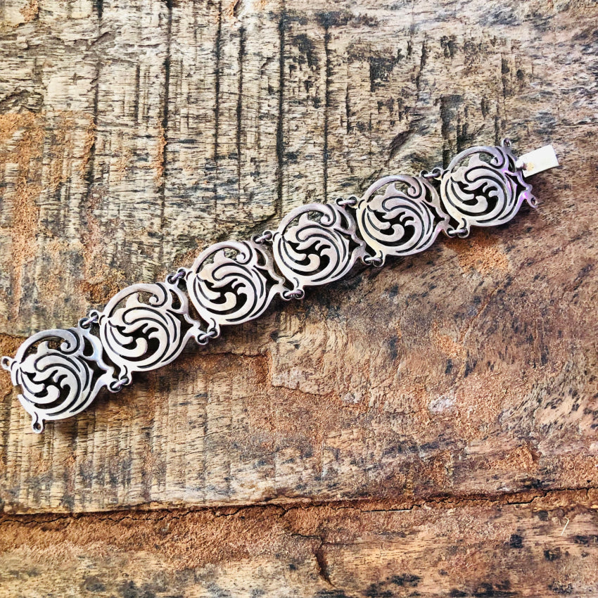 Vintage Mexican Sterling Silver Swirl Panel Bracelet Bracelet