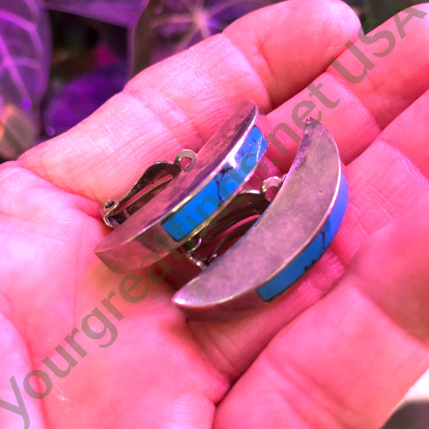 Vintage Mexican Sterling Silver Turquoise Inlay Modernist Clip Earrings Earrings