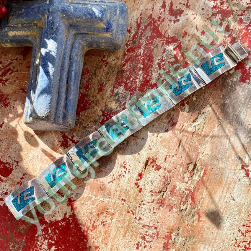 Vintage Mexican Sterling Silver Turquoise Mosaic Bracelet Yourgreatfinds