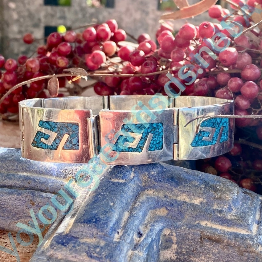 Vintage Mexican Sterling Silver Turquoise Mosaic Bracelet Yourgreatfinds