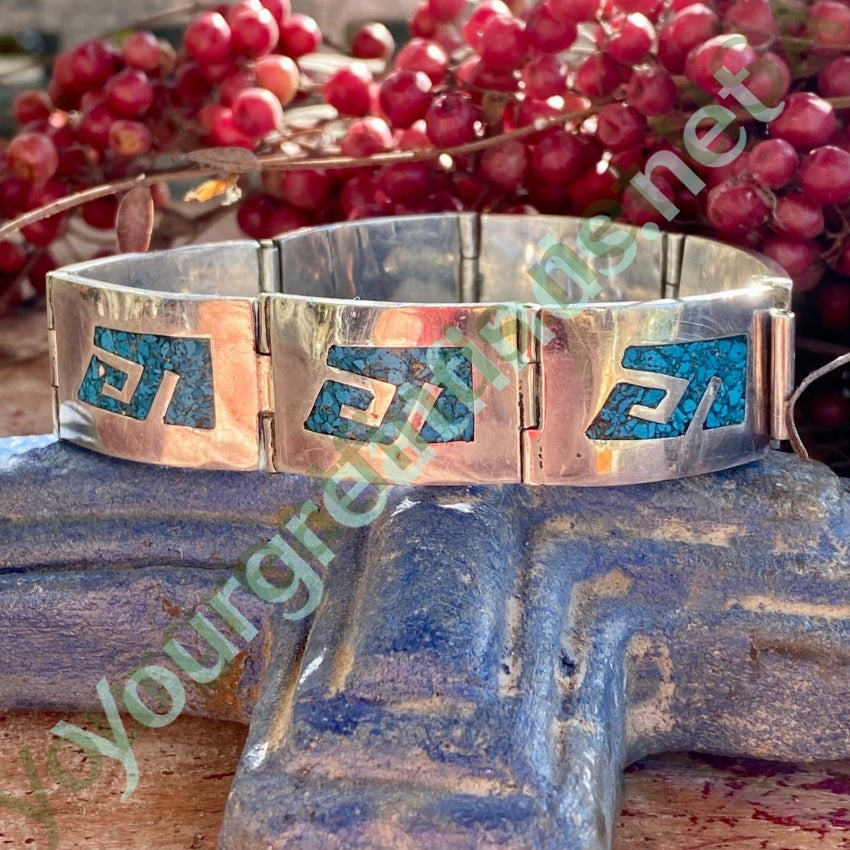 Vintage Mexican Sterling Silver Turquoise Mosaic Bracelet Yourgreatfinds