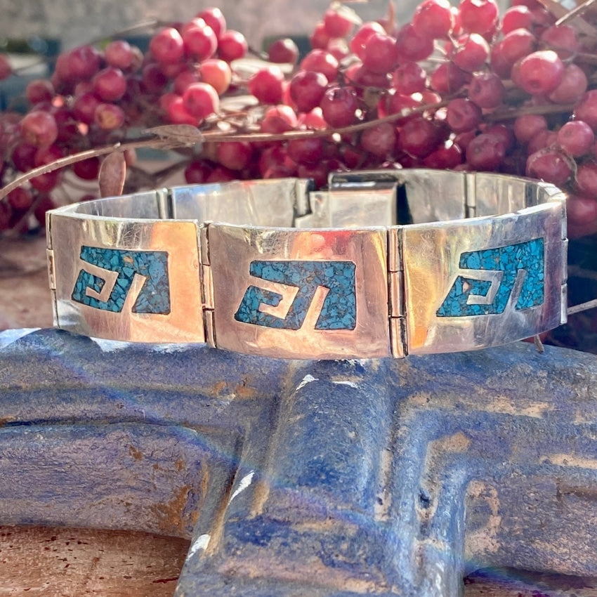 Vintage Mexican Sterling Silver Turquoise Mosaic Bracelet Yourgreatfinds