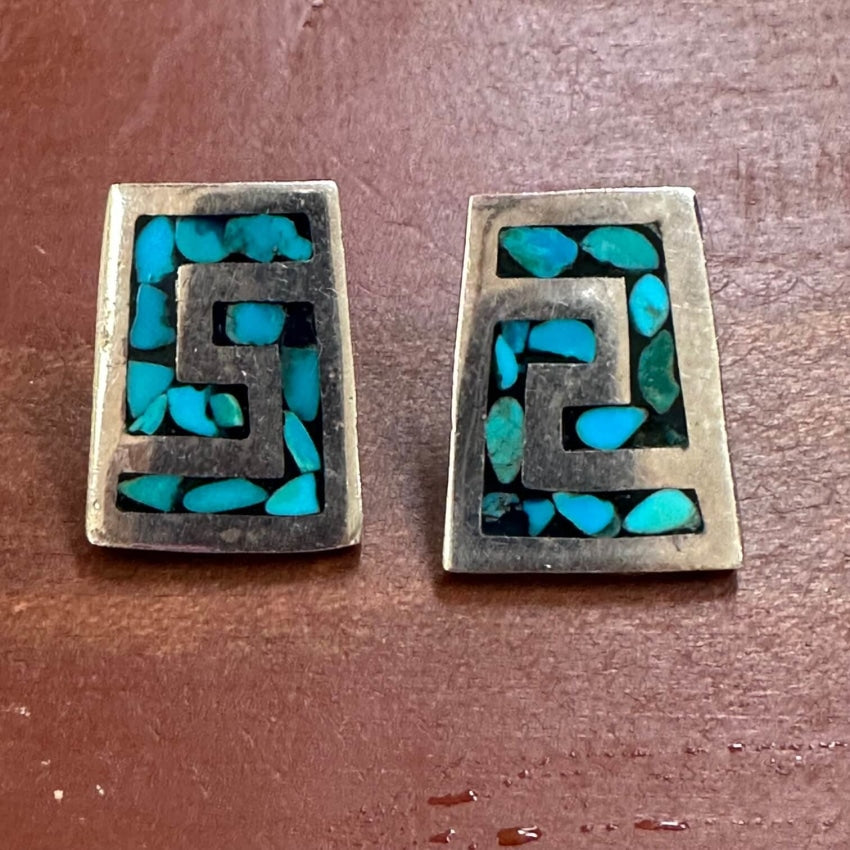 Vintage Mexican Sterling Silver Turquoise Mosaic Earrings