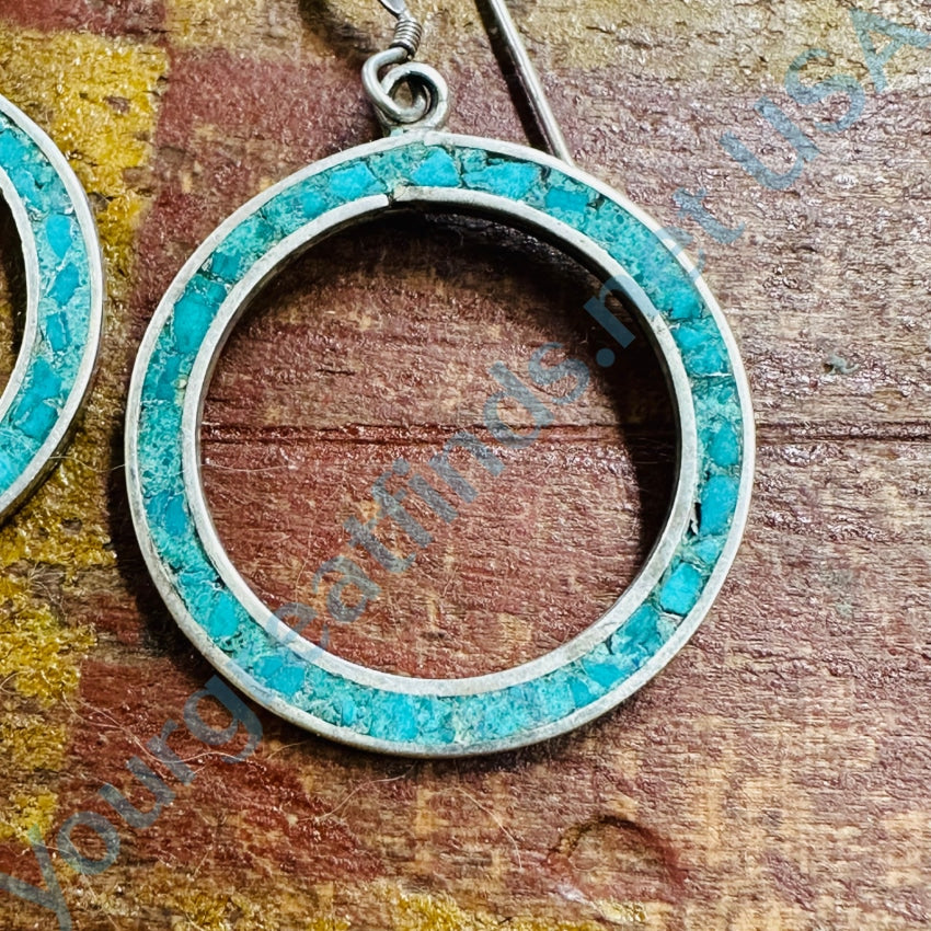 Vintage Mexican Sterling Silver Turquoise Mosaic Hoop Earrings