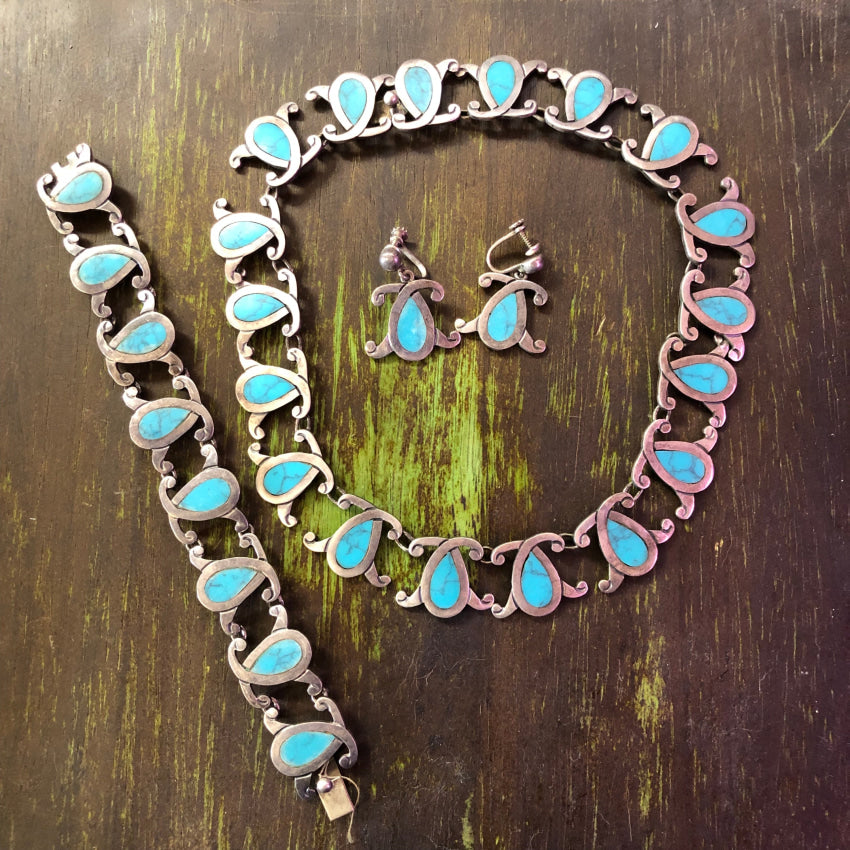 Vintage Mexican Sterling Silver Turquoise Necklace Bracelet Earring Set Jewelry Set