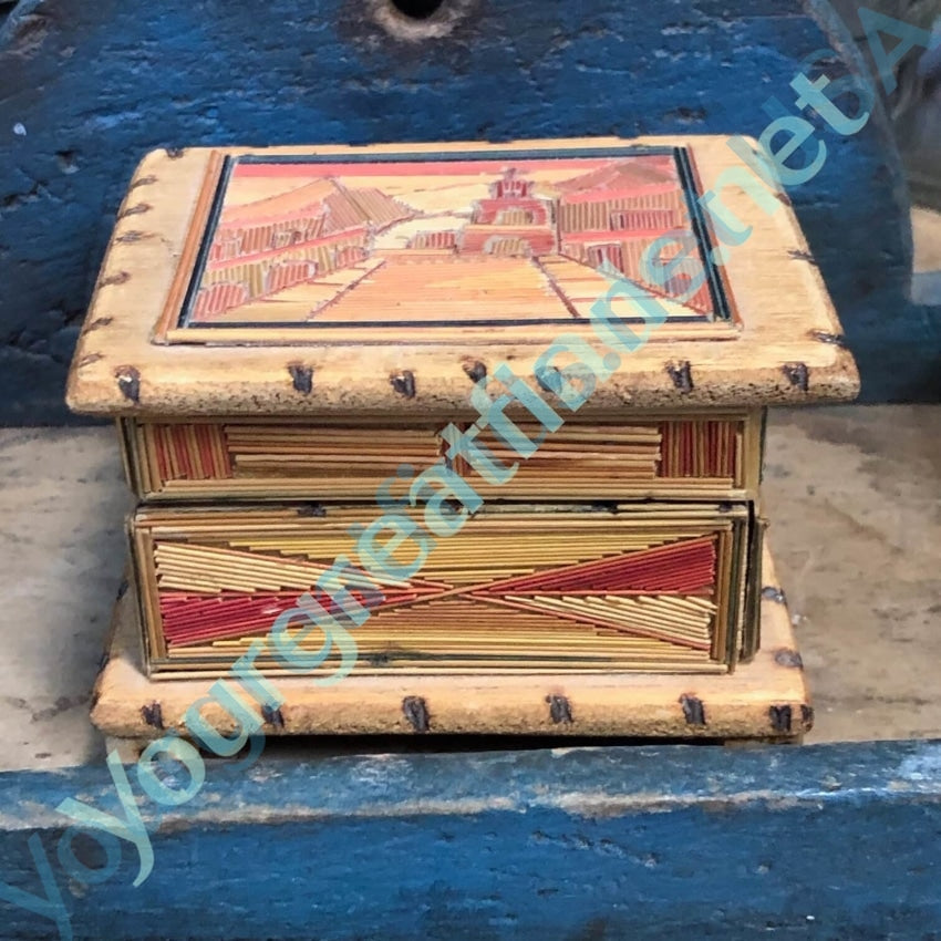 Vintage Mexican Straw Art Trinket Box Wood Church Cross Yourgreatfinds