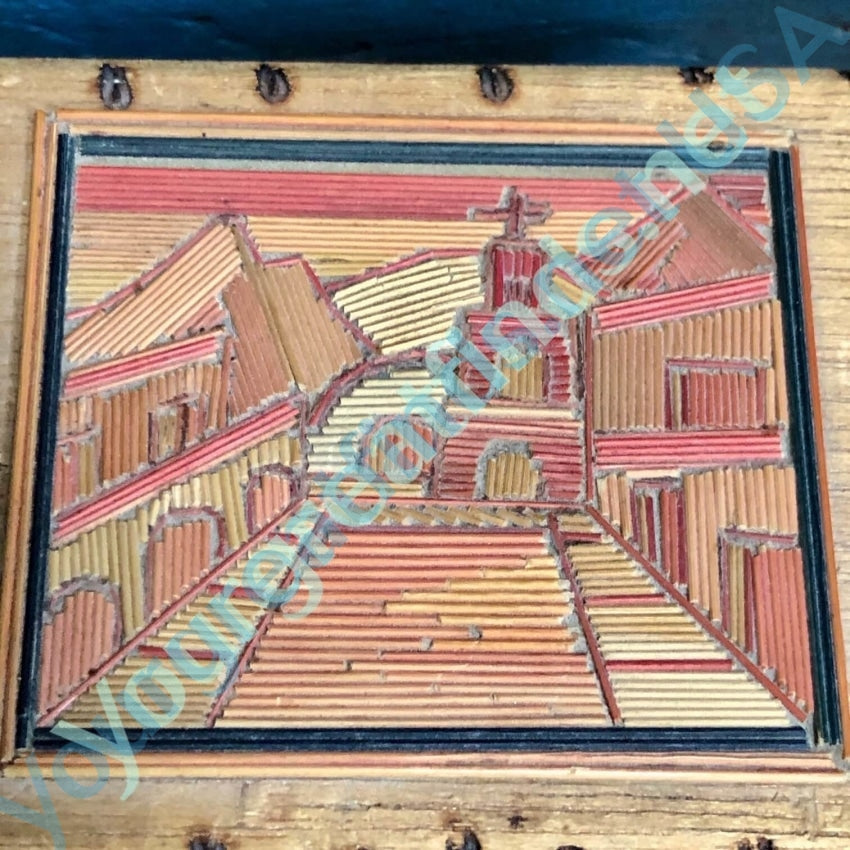 Vintage Mexican Straw Art Trinket Box Wood Church Cross Yourgreatfinds