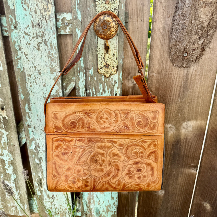 Vintage Mexican Tooled Leather Shoulder Bag purse