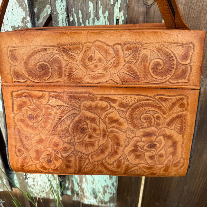 Vintage Mexican Tooled Leather Shoulder Bag purse
