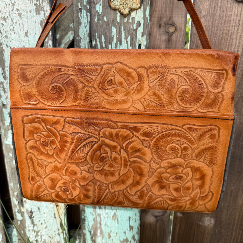 Vintage Mexican Tooled Leather Shoulder Bag purse