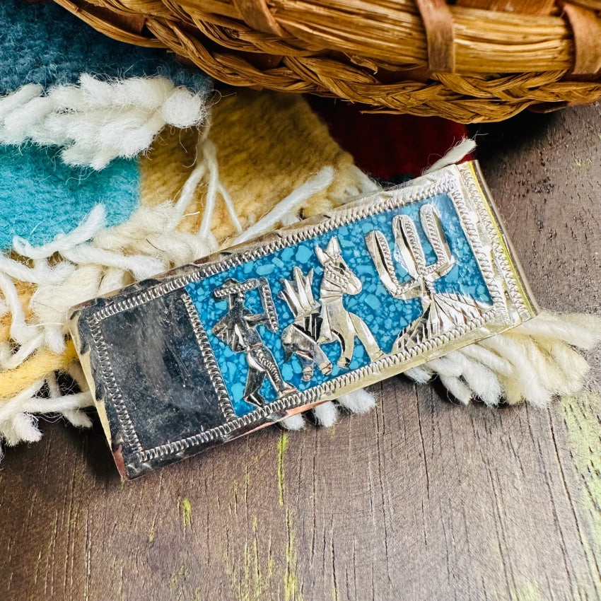 Vintage Mexican Turquoise Mosaic Money Clip 925 Alpaca