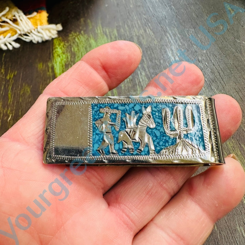 Vintage Mexican Turquoise Mosaic Money Clip 925 Alpaca