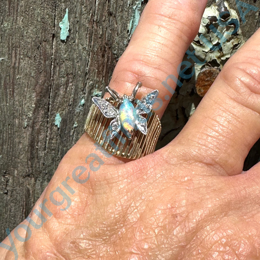 Vintage Mid-Century 14K Gold Opal Diamond Ring 6 3/4