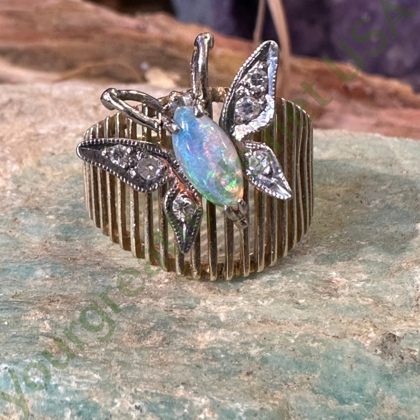 Vintage Mid-Century 14K Gold Opal Diamond Ring 6 3/4
