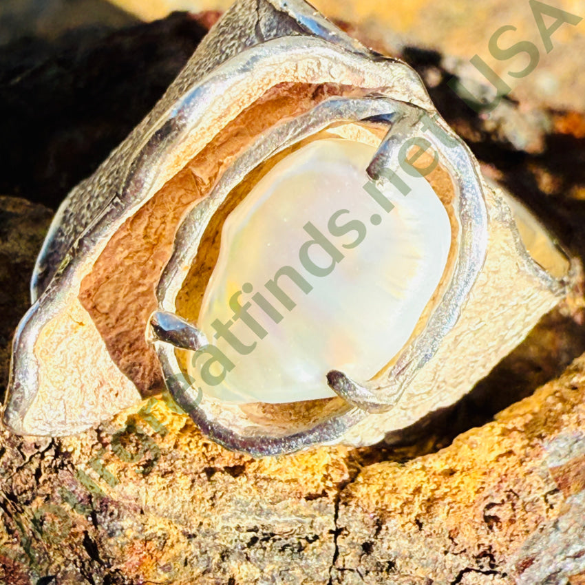 Vintage Mid-century Lost Wax Sterling Silver Freshwater Pearl Ring 6 ring