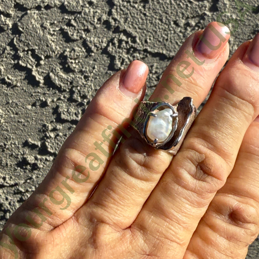 Vintage Mid-century Lost Wax Sterling Silver Freshwater Pearl Ring 6 ring
