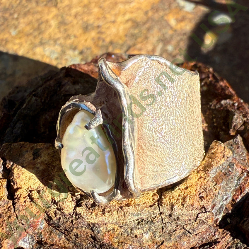 Vintage Mid-century Lost Wax Sterling Silver Freshwater Pearl Ring 6 ring