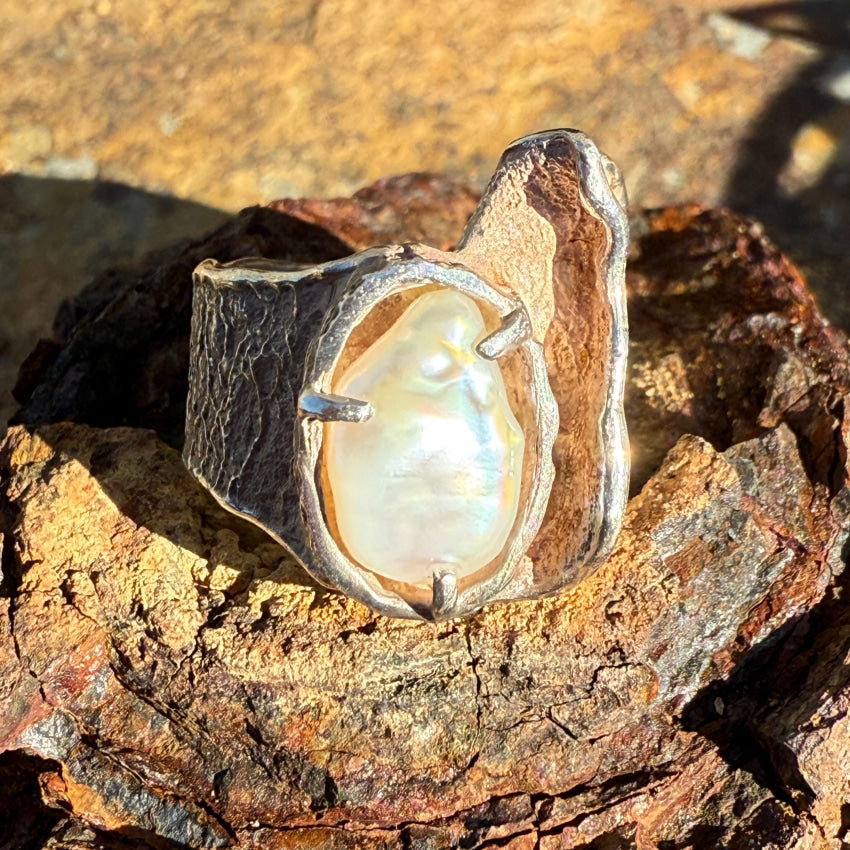 Vintage Mid-century Lost Wax Sterling Silver Freshwater Pearl Ring 6 ring